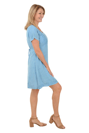 Chambray Rhinestone Leaf Short Sleeve Dress