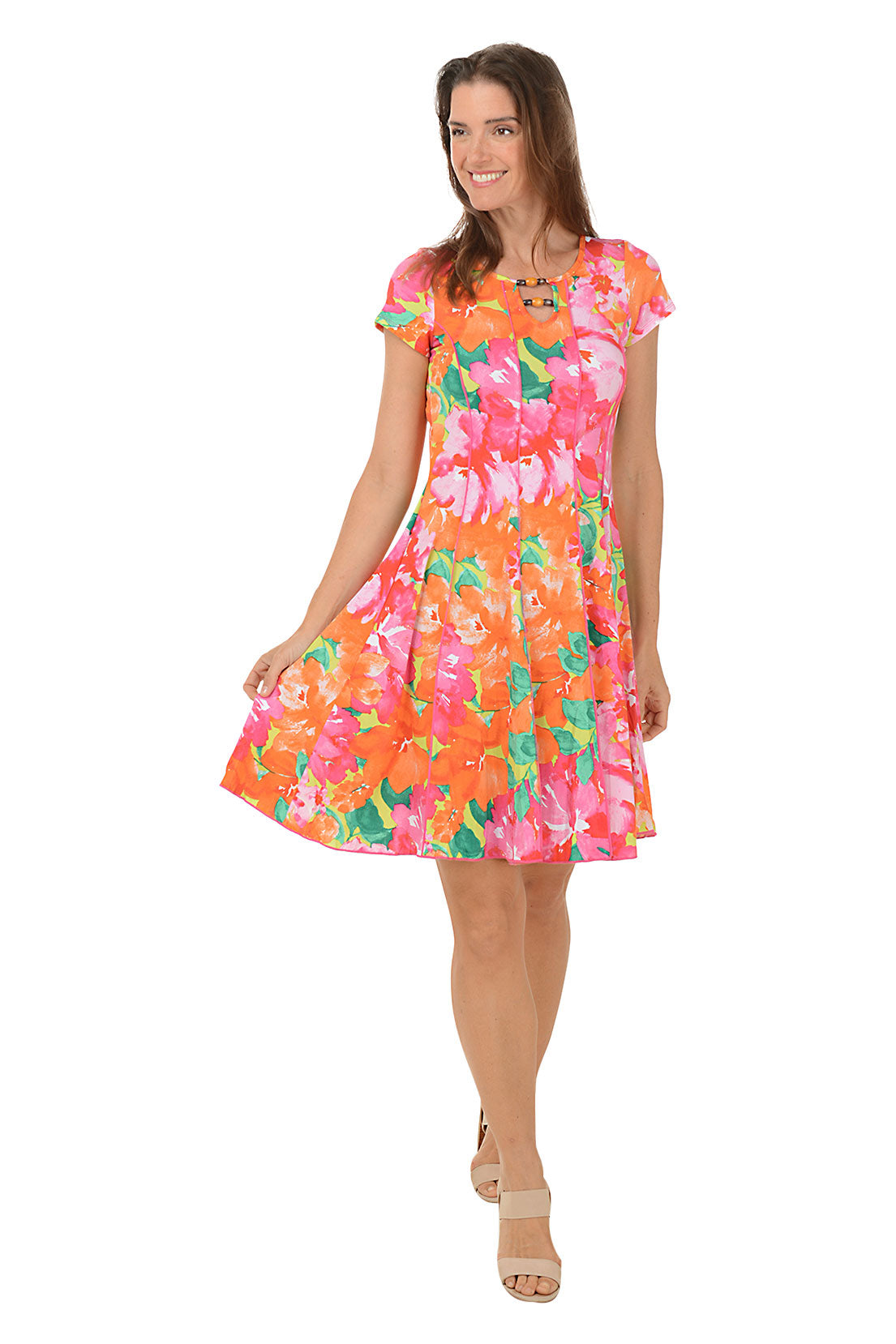 Floral Confetti Beaded Neck Seamed Dress