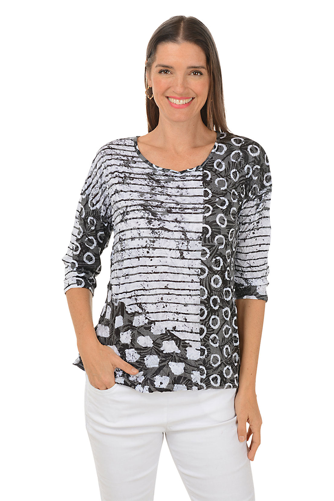 Striped Loops Button-Back Crinkle Top