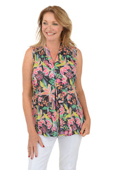 Frangipani Crinkle Pleated Front Sleeveless Top