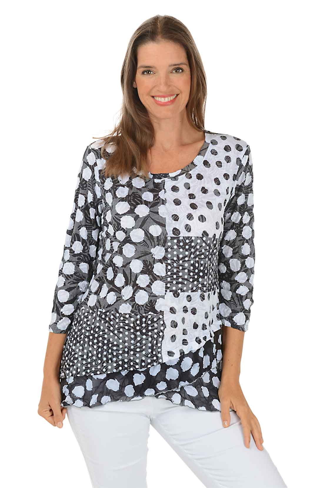 Polka Dotted Asymmetrical Crinkle Tunic