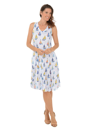 Sailboats V-Neck Sleeveless Crinkle Dress