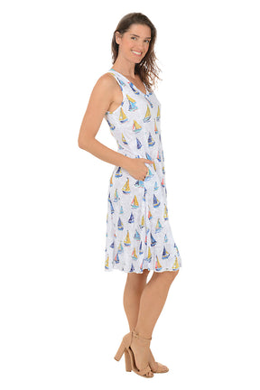 Sailboats V-Neck Sleeveless Crinkle Dress