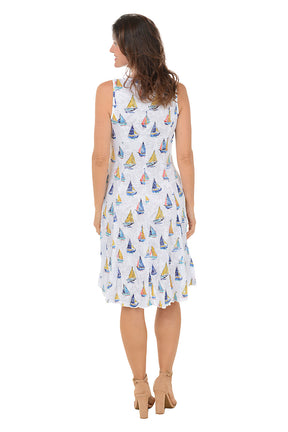 Sailboats V-Neck Sleeveless Crinkle Dress