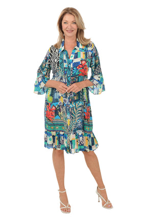 Paisley Floral Bell Sleeve Button-Front Dress