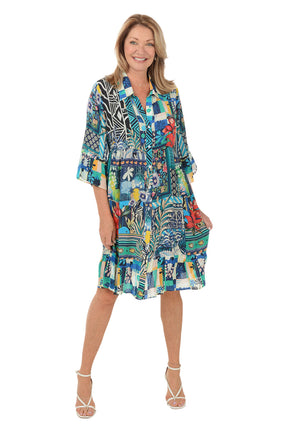 Paisley Floral Bell Sleeve Button-Front Dress