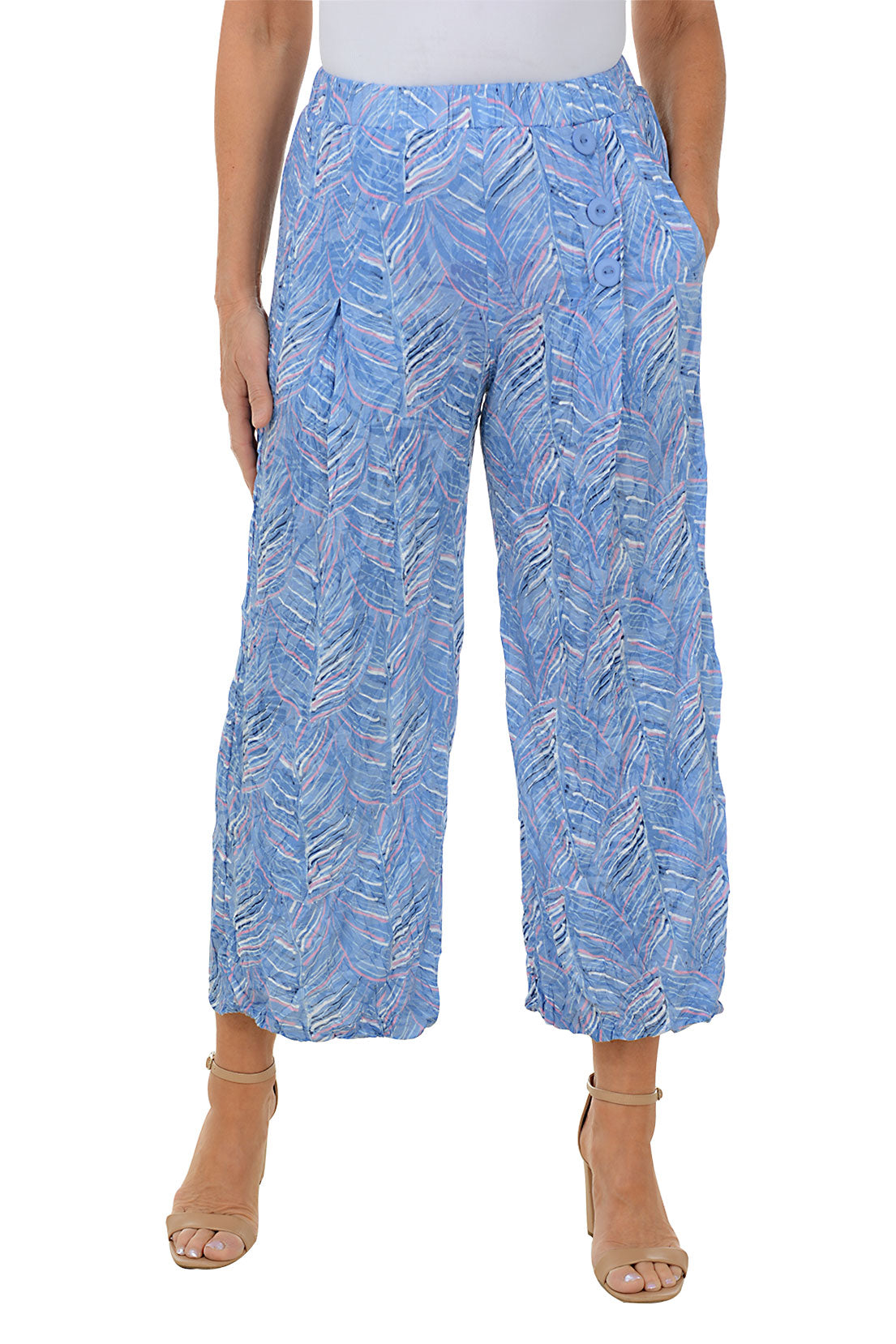 Marbled Leaves Crinkle Triple Button Palazzo Pant