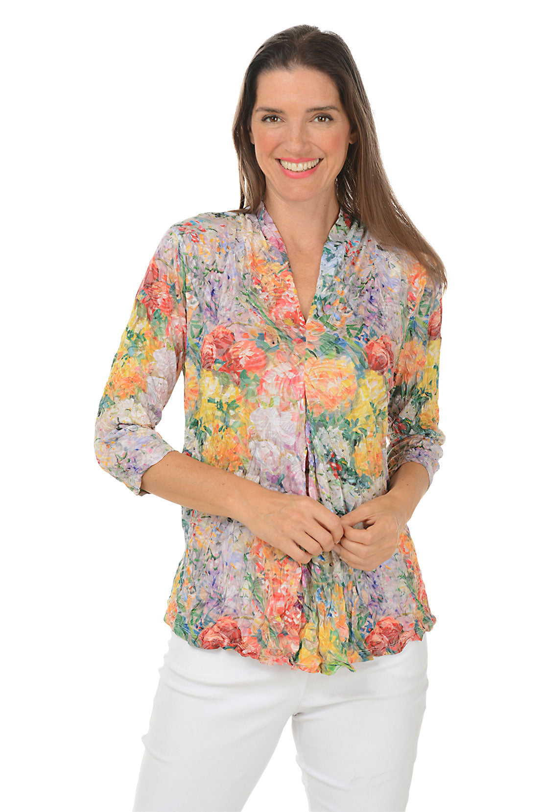 Sunset Blossoms Crinkle Pleated Front Top