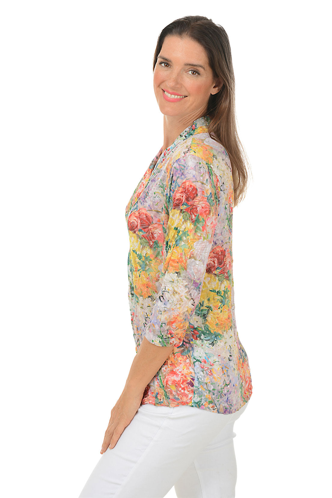 Sunset Blossoms Crinkle Pleated Front Top