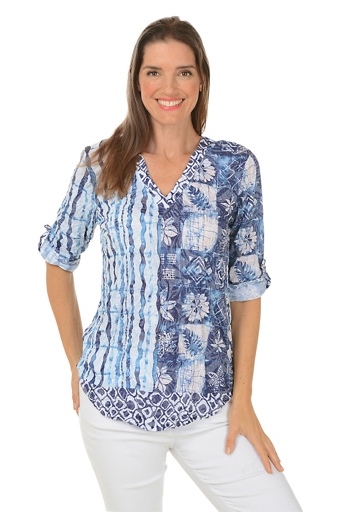 Shibori Leaves V-Neck Crinkle Top