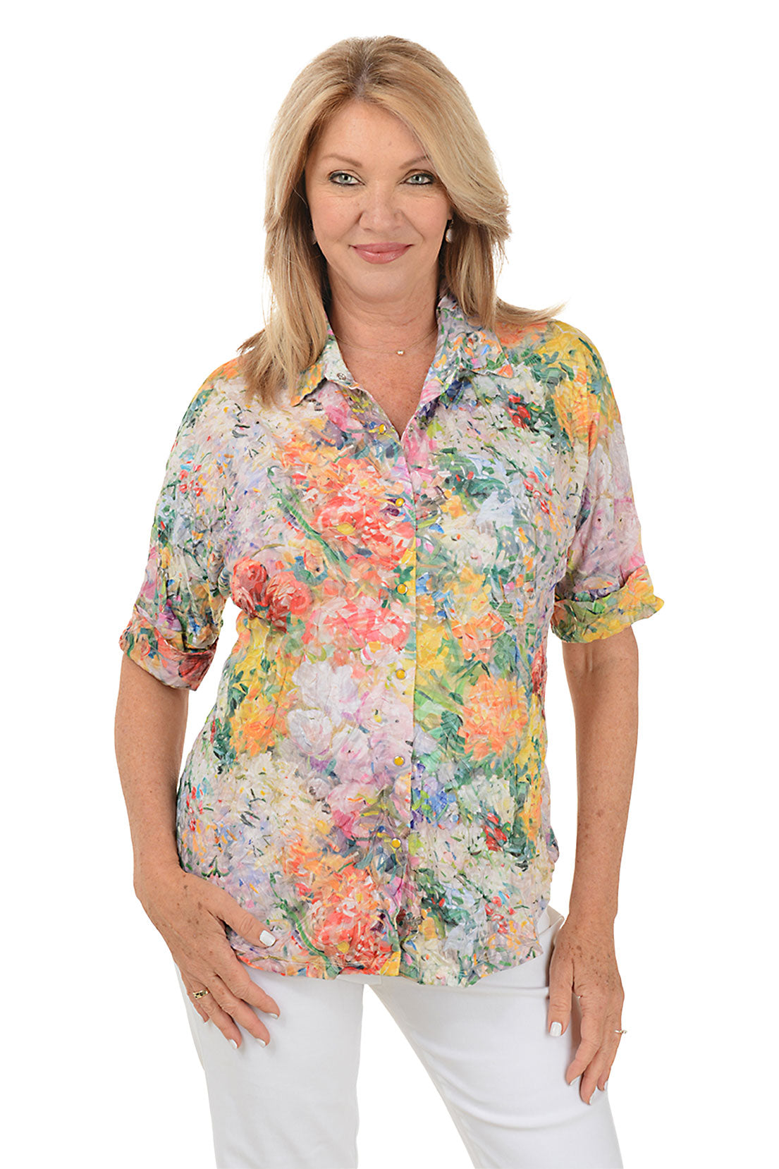 Sunset Blossoms Crinkle Button-Front Shirt