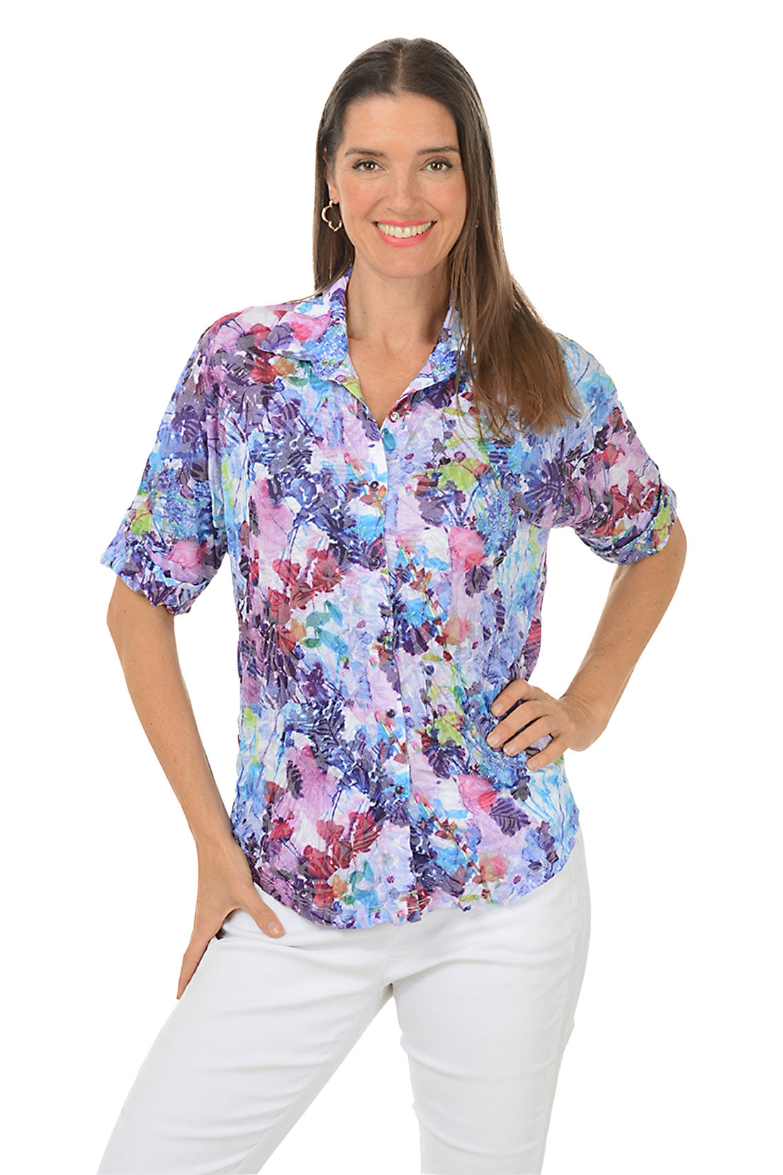 Purple Flower Crinkle Button-Front Shirt