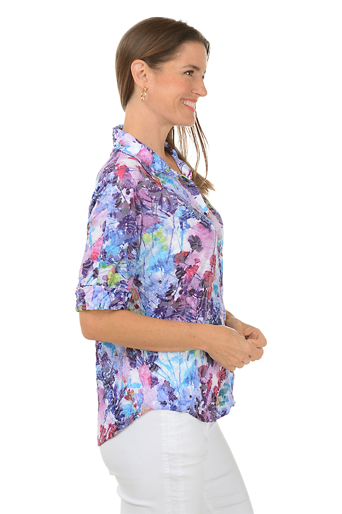 Purple Flower Crinkle Button-Front Shirt