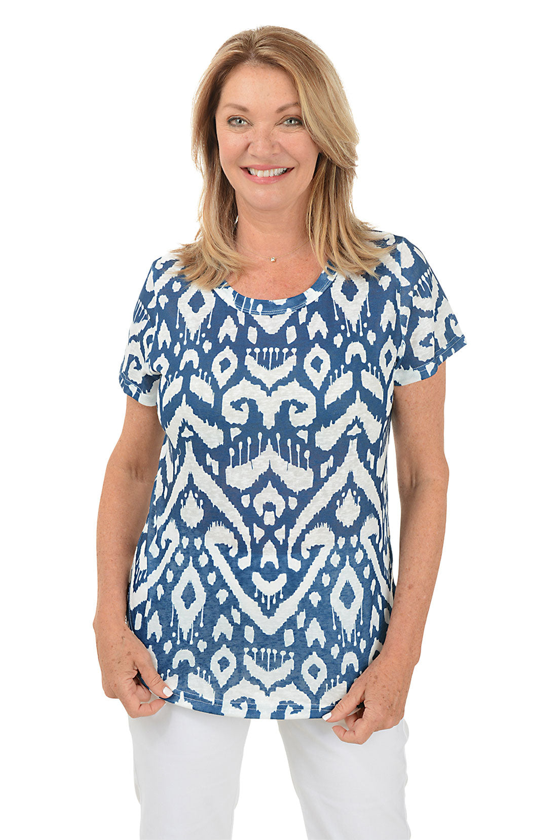 Midnight Ikat Slub Knit Short Sleeve Top