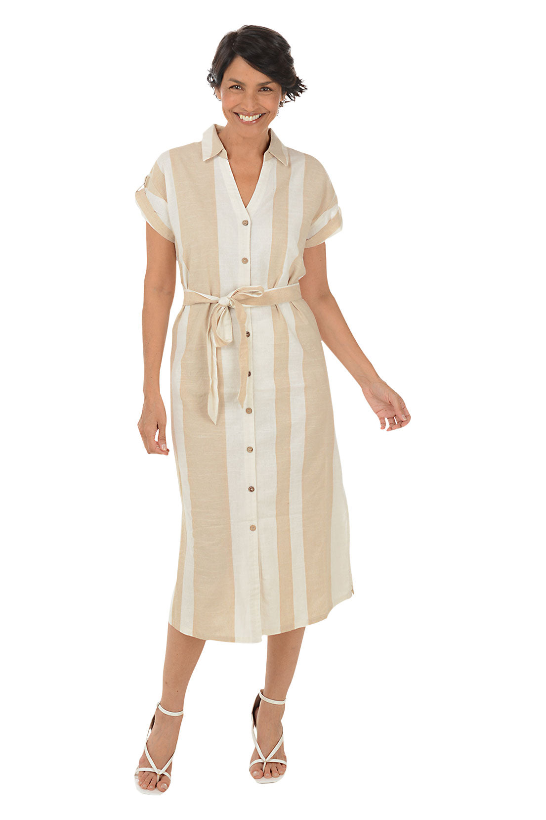 Sand Striped Button-Front Dress