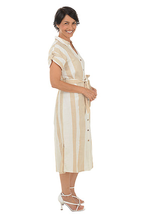 Sand Striped Button-Front Dress