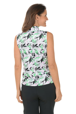 Green Mix Ruched UPF50 Mock Neck Sleeveless Top