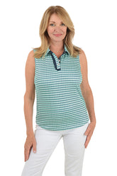 Teal Playful Geo UPF50 Ruffled Sleeveless Top