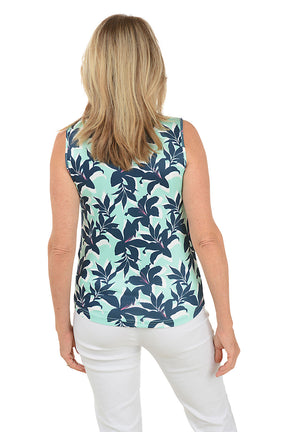 Teal Bold Blooms UPF50 Ruffled Sleeveless Top