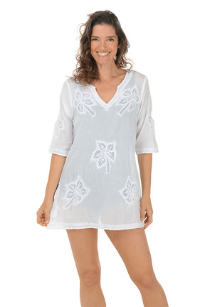 Embroidered Palms Cotton Tunic Cover-Up