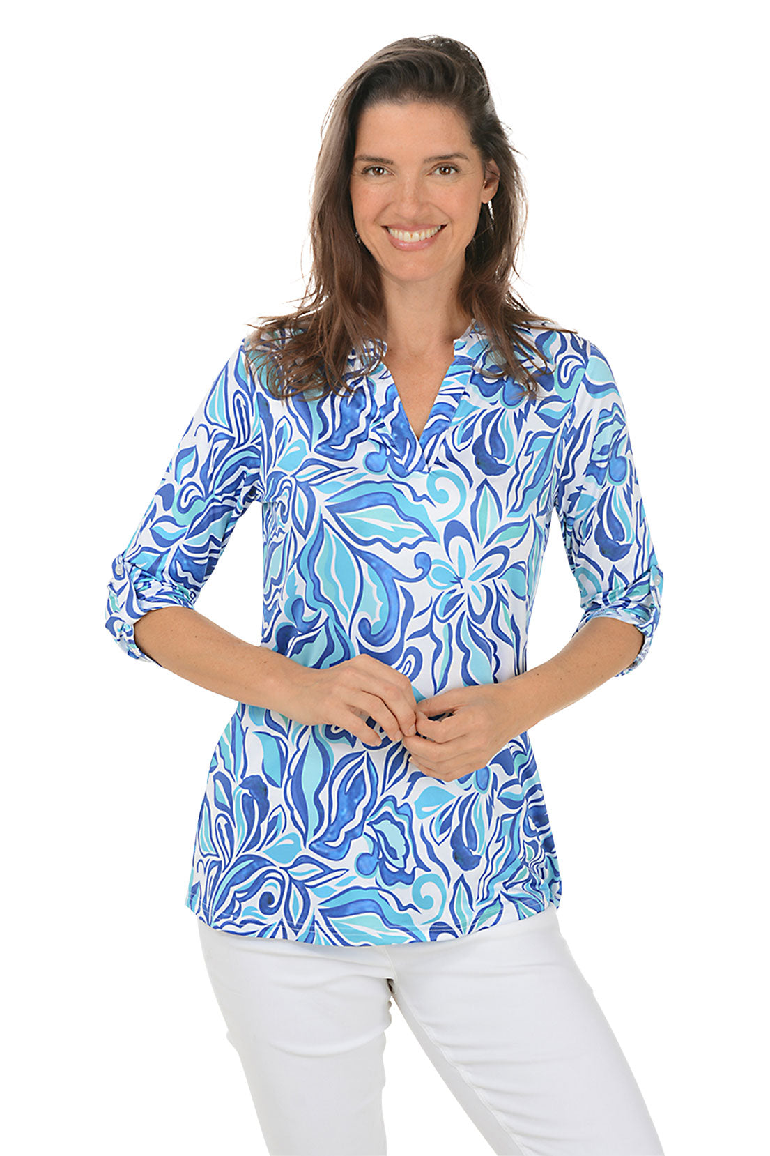 Blue Hibiscus UPF50 Roll Sleeve Top