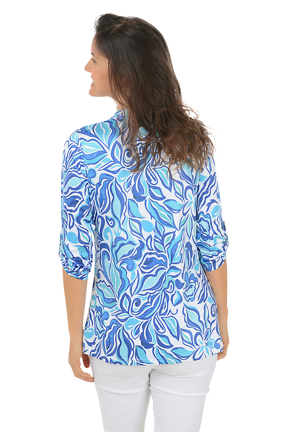 Blue Hibiscus UPF50 Roll Sleeve Top