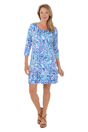 Blue Hibiscus 3/4 Sleeve Ruffle Dress