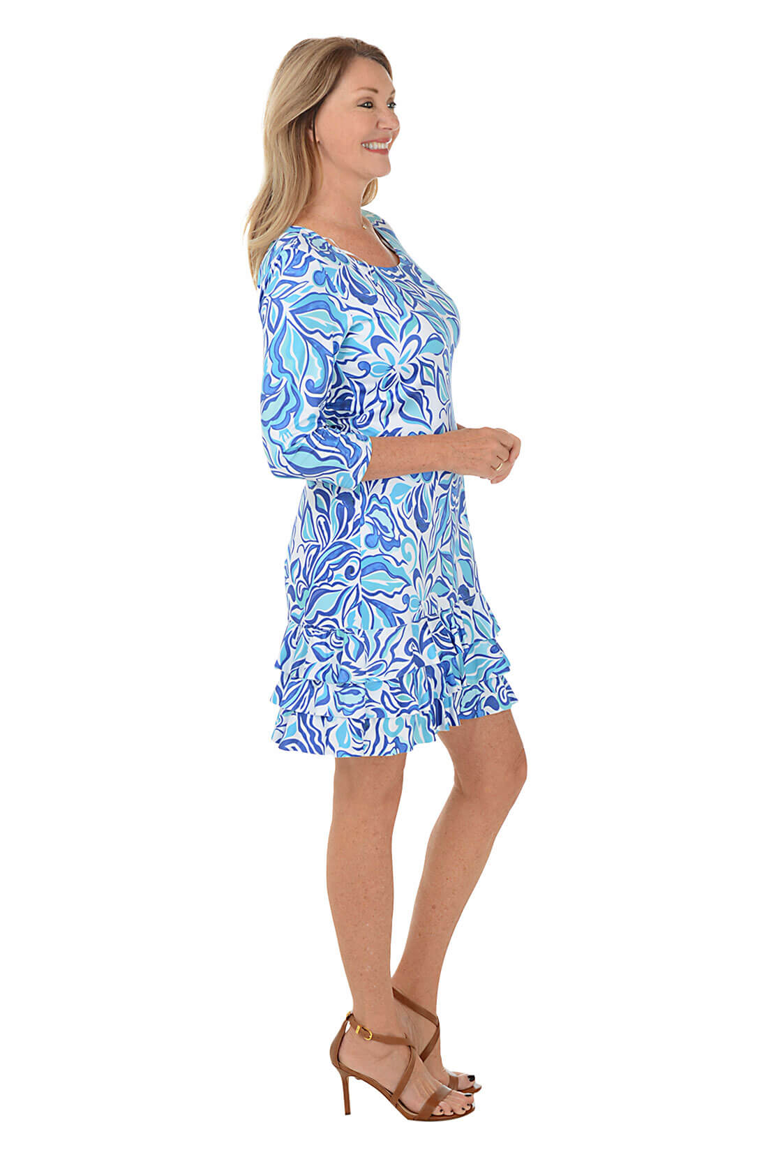 Blue Hibiscus 3/4 Sleeve Ruffle Dress