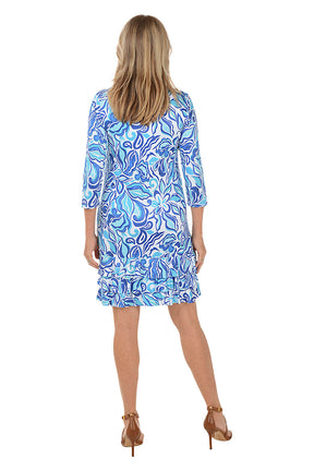 Blue Hibiscus 3/4 Sleeve Ruffle Dress