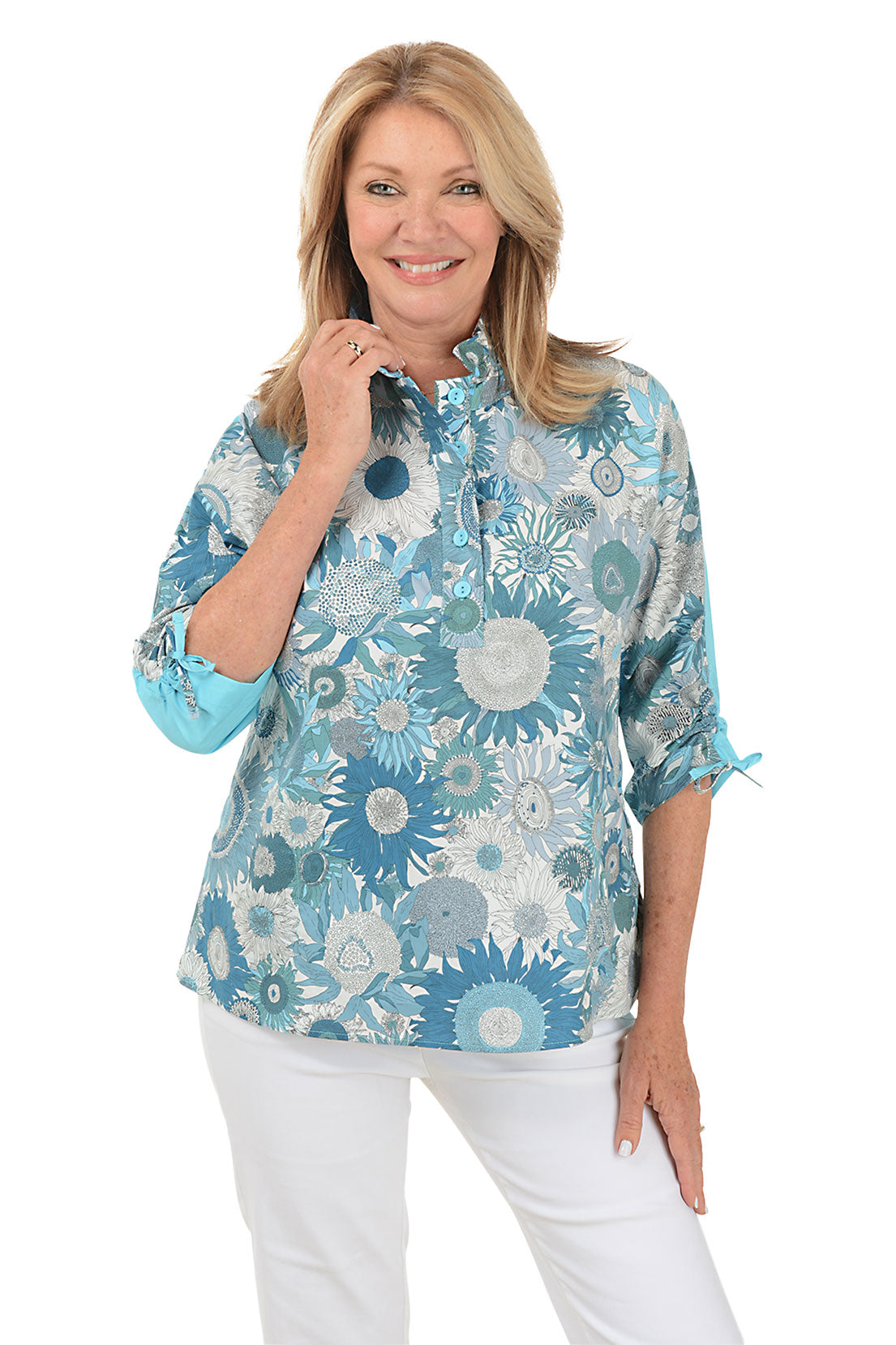 Aqua Sunflowers Ruched Sleeve Blouse