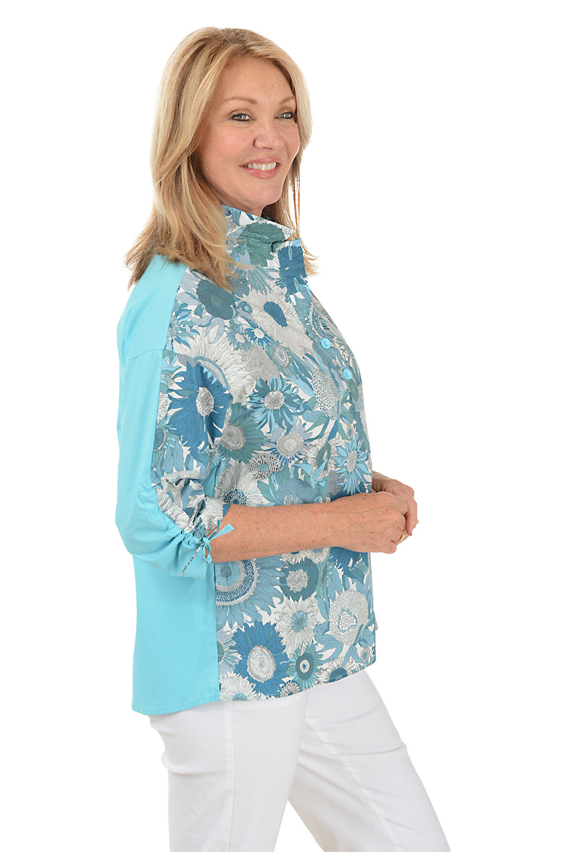 Aqua Sunflowers Ruched Sleeve Blouse