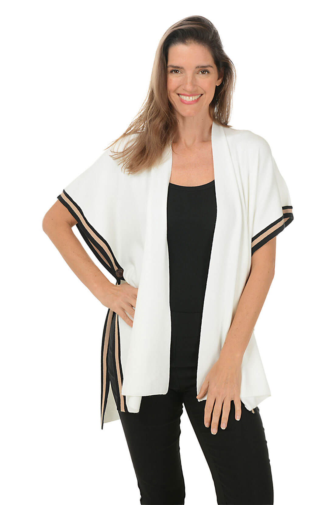 Cream Stripe-Trimmed Ruana Shawl