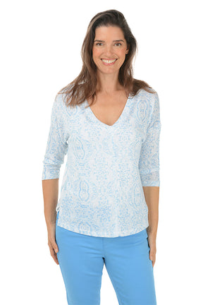 Damask Medallion V-Neck Knit Top