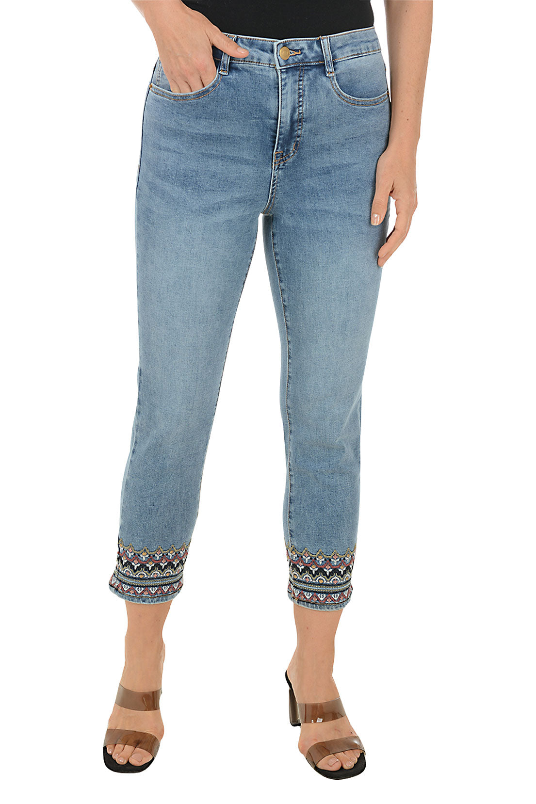 Zigzag Embroidered Trim Denim Crop Pant