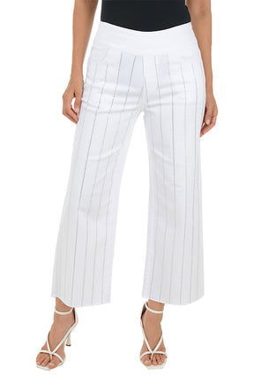 White Rhinestone Striped Wide Leg Denim Pant