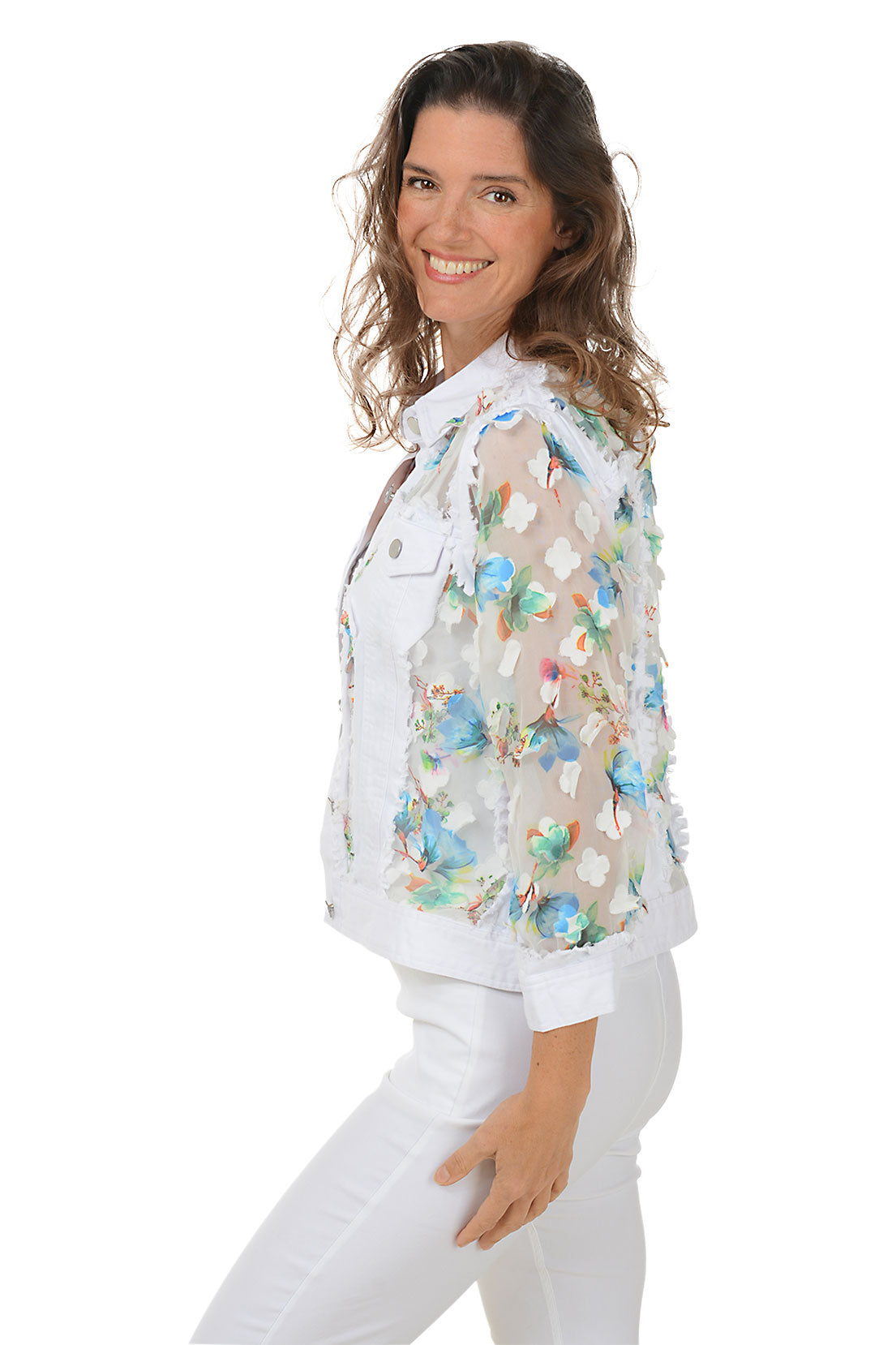 White Flower Petal Sheer Denim Jacket