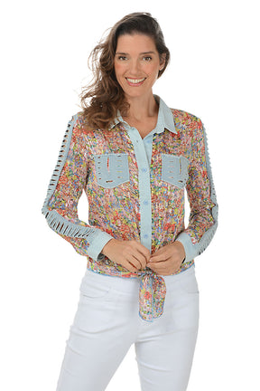 Glitter Striped Floral Slashed Shirt