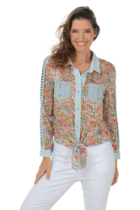 Glitter Striped Floral Slashed Shirt