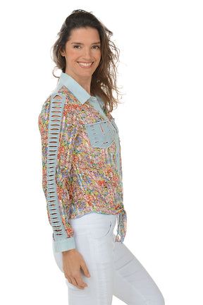 Glitter Striped Floral Slashed Shirt