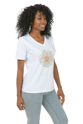 Jeweled Daisy V-Neck Tee