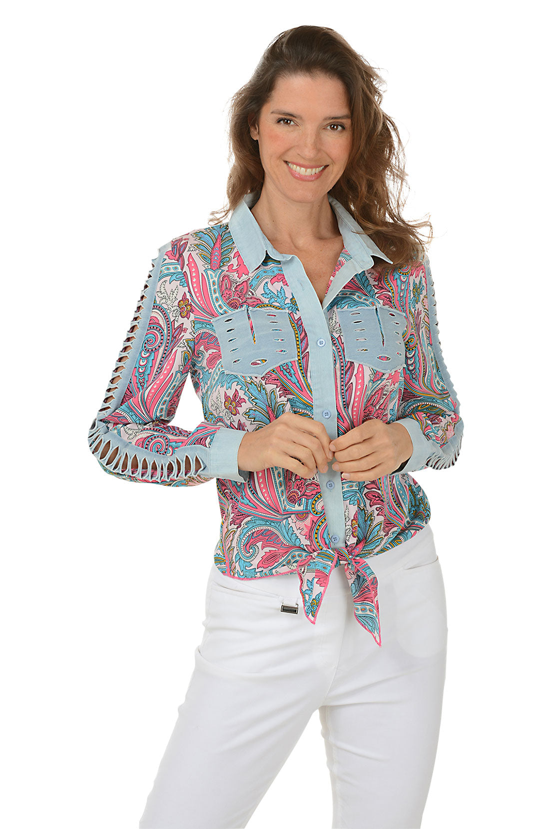 Pink Slashed Paisley Tie-Front Shirt