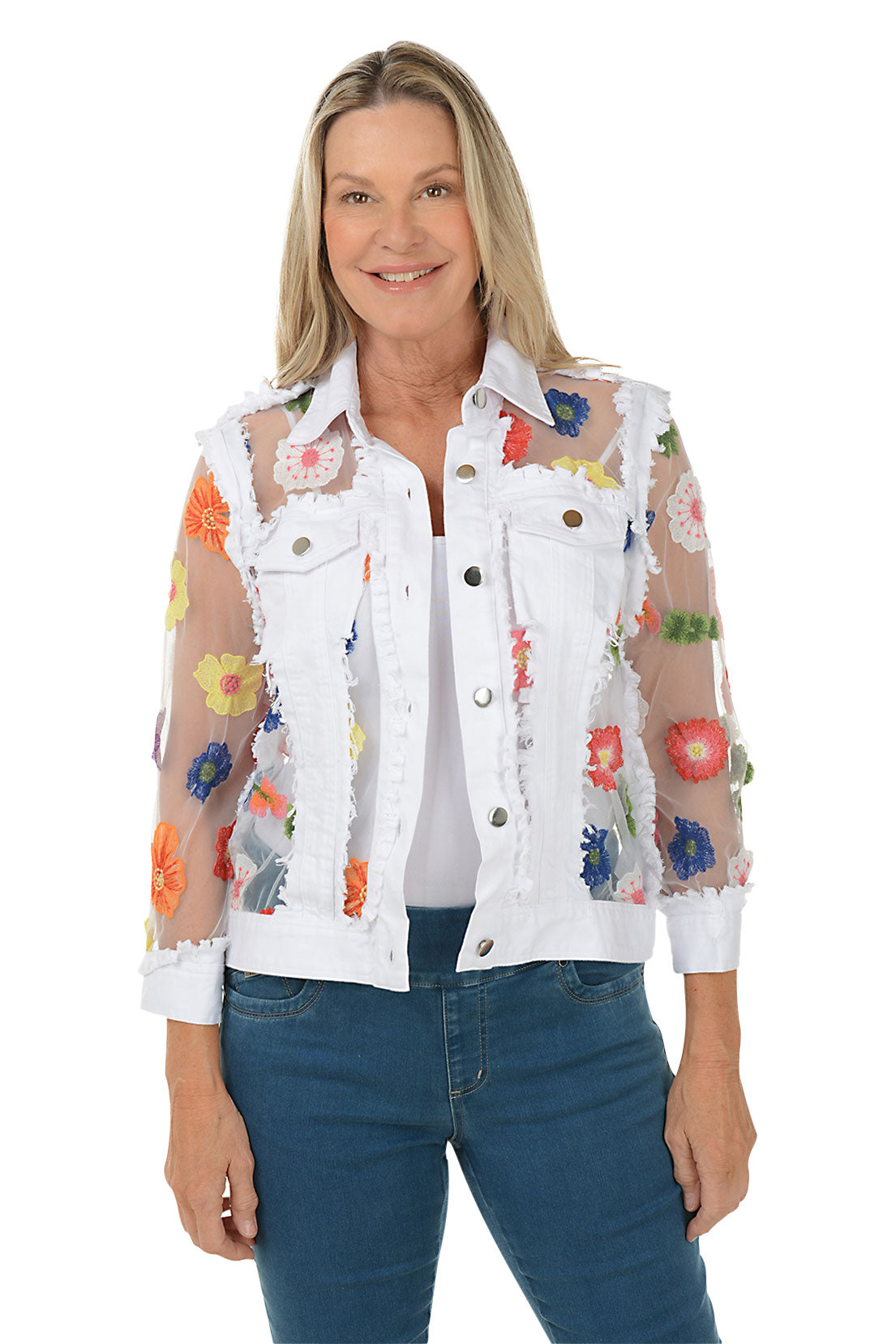 Colorful Embroidered Flowers Sheer Denim Jacket