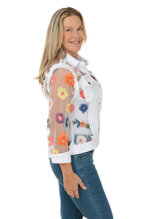 Colorful Embroidered Flowers Sheer Denim Jacket