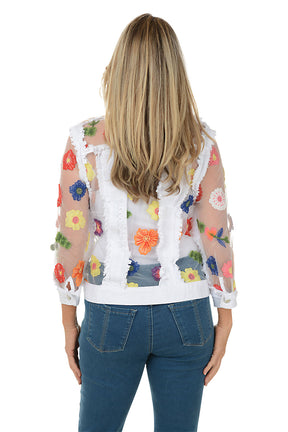 Colorful Embroidered Flowers Sheer Denim Jacket