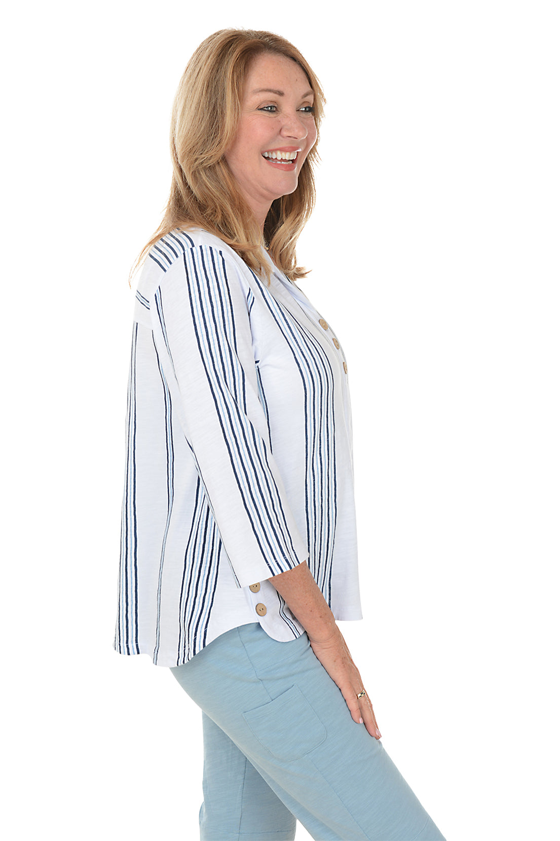 Striped Button-Front Slub Knit Top