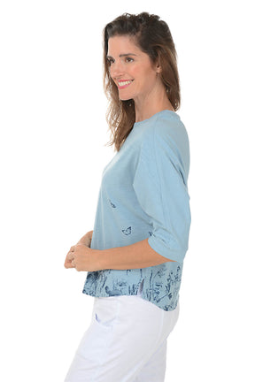 Chambray Butterfly Floral Dolman Sleeve Top