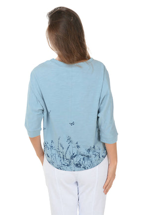 Chambray Butterfly Floral Dolman Sleeve Top