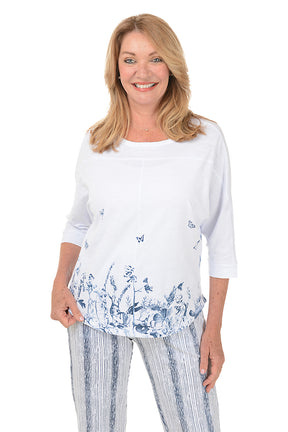 White Butterfly Floral Dolman Sleeve Top