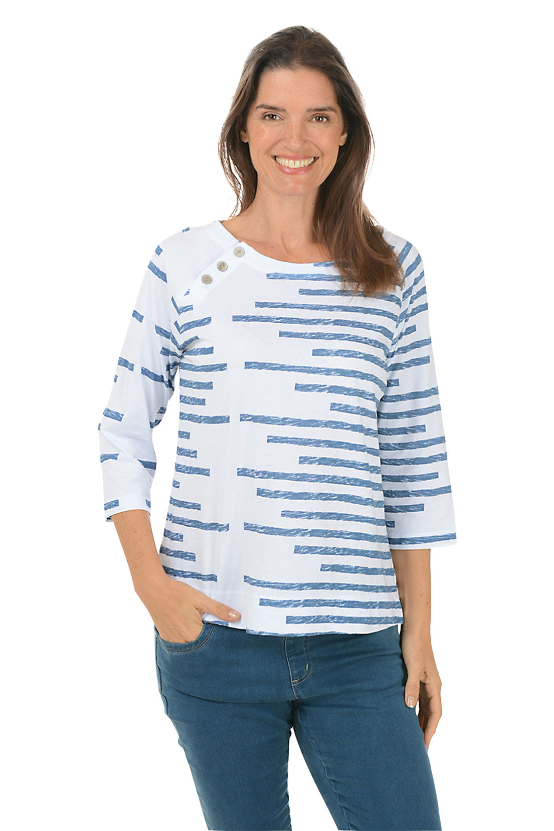 Striped Triple Button Raglan Sleeve Top