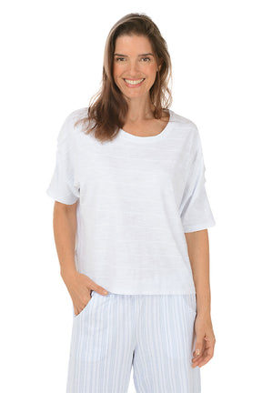 Pleated Sleeve Stripe Textured Tee